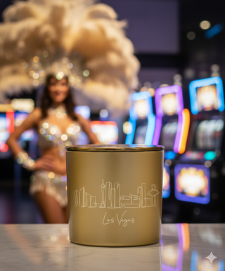 Gold cylindrical container with 'Las Vegas' engraving in a casino setting