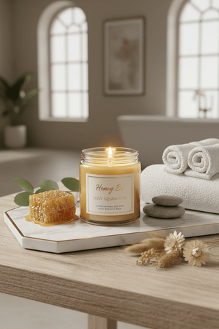 ai generated image of a honey bee candle in a beautiful spa setting