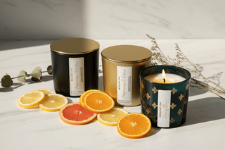 Love Square One candles arranged on a marble surface including the Honey Bee teal glass candle, Peppercorn and Citrus gold tin, and black matte candle with gold lid, styled with botanicals in soft natural light