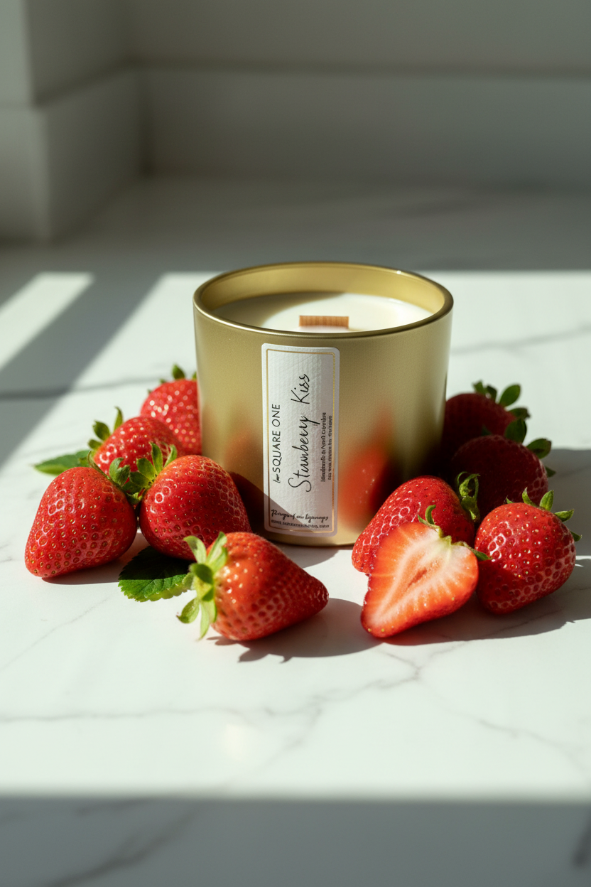 Gold candle with strawberries on a white marble surface