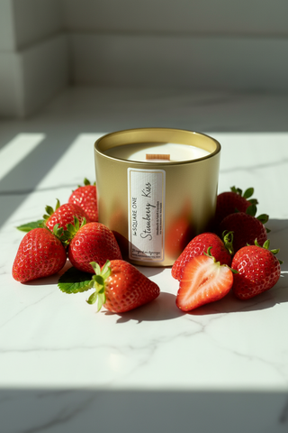 Gold candle with strawberries on a white marble surface