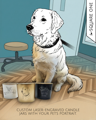 Real and transitions into a Cartoon dog sitting next to three custom laser-engraved candle jars with pet portraits on a wooden floor.