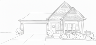 Line drawing of a house with a garage and front yard with bushes and chairs