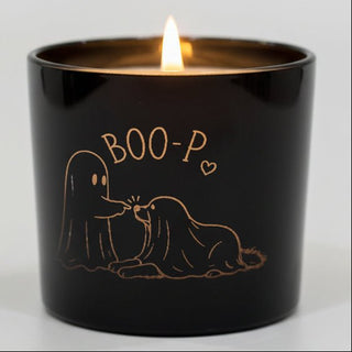 Lit black engraved candle with BOO-P ghost dog design, LSO exclusive