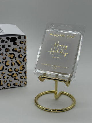 Happy Holidays Wax Melt on golf stand with leopard box in background   - Love Square One