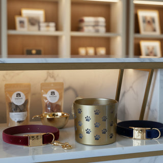 A gold metal candle holder with a repeating pattern of dark blue paw prints, shown on a white shelf.