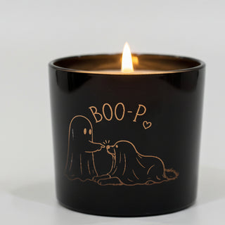 Lit black engraved candle with BOO-P ghost dog design, LSO exclusive
