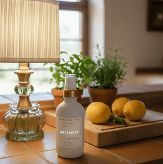 A bottle of Limoncello room spray by Love Square One, styled on a terracotta tile countertop next to a lit table lamp and fresh lemons on a wooden cutting board, with potted plants in the soft-focus background. ai generated background. actual product.