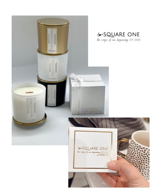 Collage of Square One products including candles and packaging on a white background.