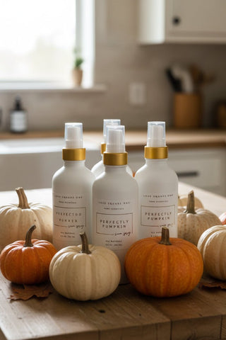 Perfectly Pumpkin room spray surrounded by fall pumpkins.