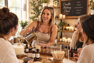 ai image of joanna pouring wax into a clear jar and teaching a candle class.