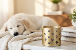 A gold metal candle holder with black paw print patterns sits on a marble table next to a sleeping white dog resting on a cream blanket in a warm, softly lit room.