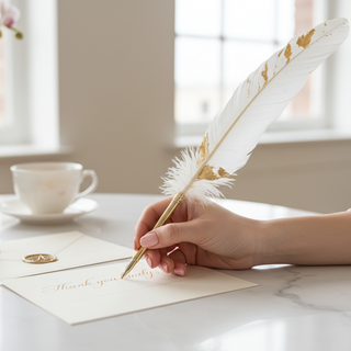 Hand writing on paper with a gold feather pen, cup of coffee, and plant in the background.